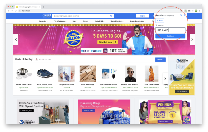 Loading a Share-A-Cart cart on Flipkart from the Share-A-Cart extension