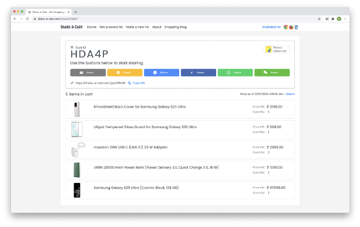 Sharing Flipkart cart from Share-A-Cart website