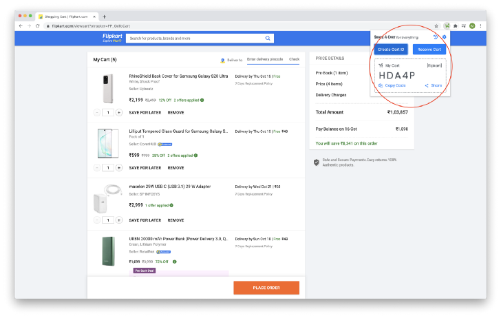 Created cart from Flipkart website using the Share-A-Cart extension