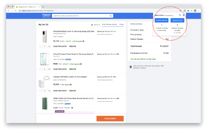Creating a Share-A-Cart cart on Flipkart from the Share-A-Cart extension