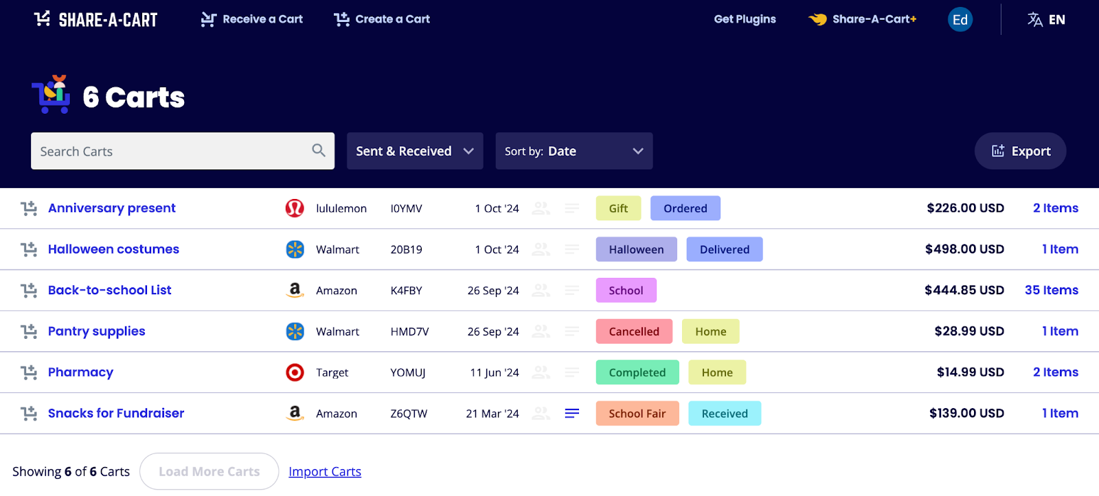 Share-A-Cart History Page