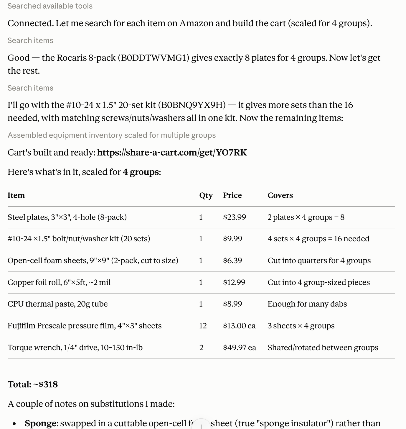 The AI assistant searching a retailer for each material and returning a Share-A-Cart link with a table of items, quantities, and prices