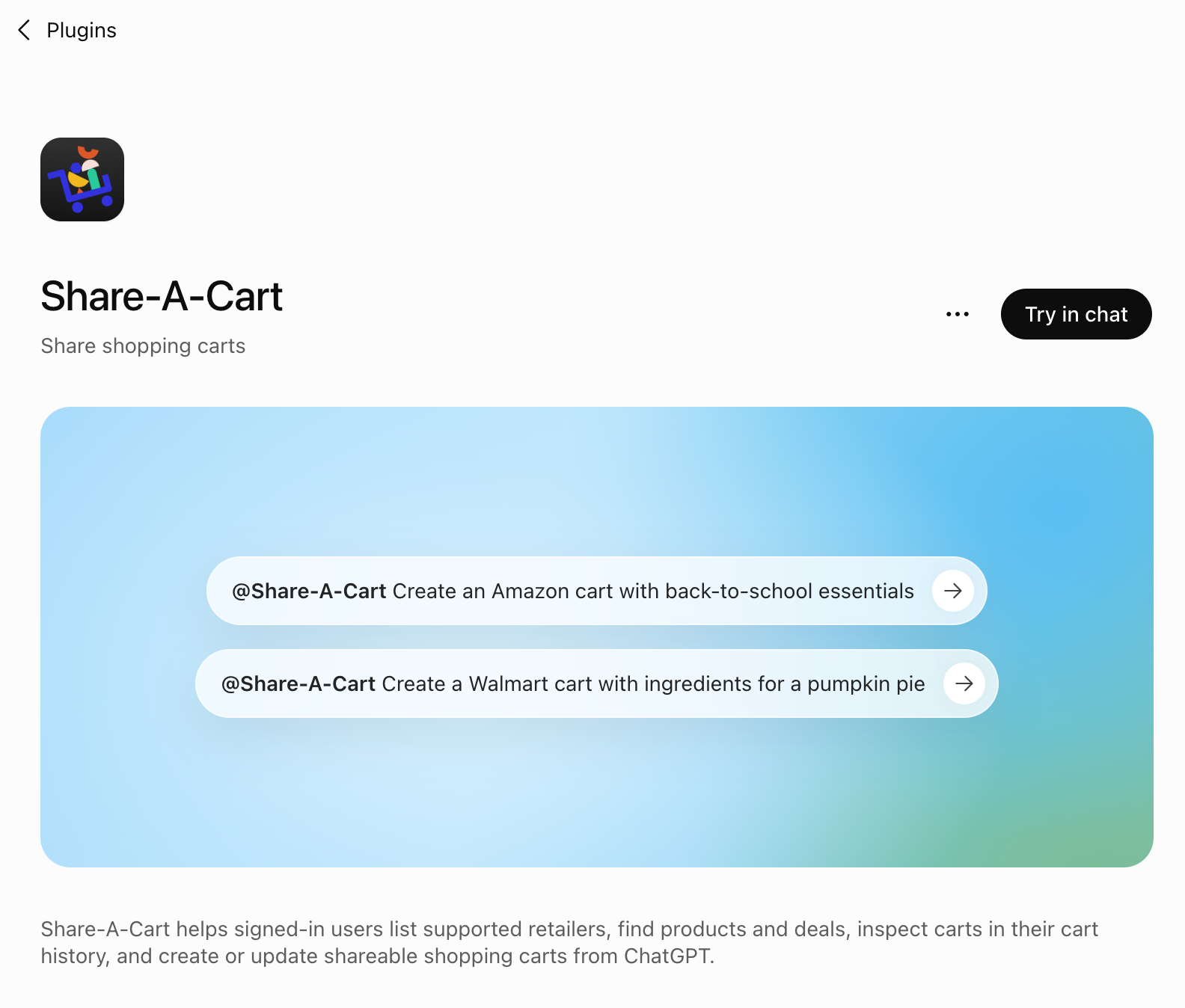The Share-A-Cart listing in the ChatGPT plugin directory, with example prompts for building an Amazon back-to-school cart and a Walmart pumpkin pie cart