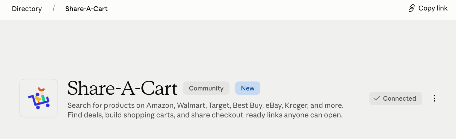 The Share-A-Cart listing in the Claude Connectors directory, marked Community and New, showing it connected