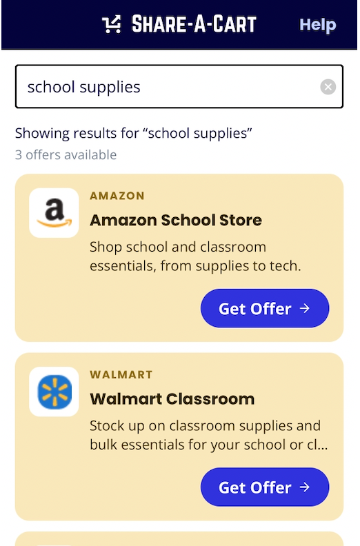 The Deals tab in the Share-A-Cart mobile app showing search results for &ldquo;school supplies&rdquo; with offers from Amazon and Walmart