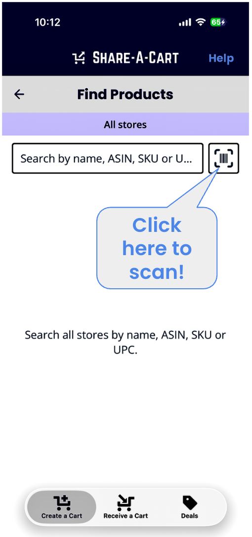 The Find Products screen in the Share-A-Cart app with a callout pointing at the new barcode scan icon beside the search bar