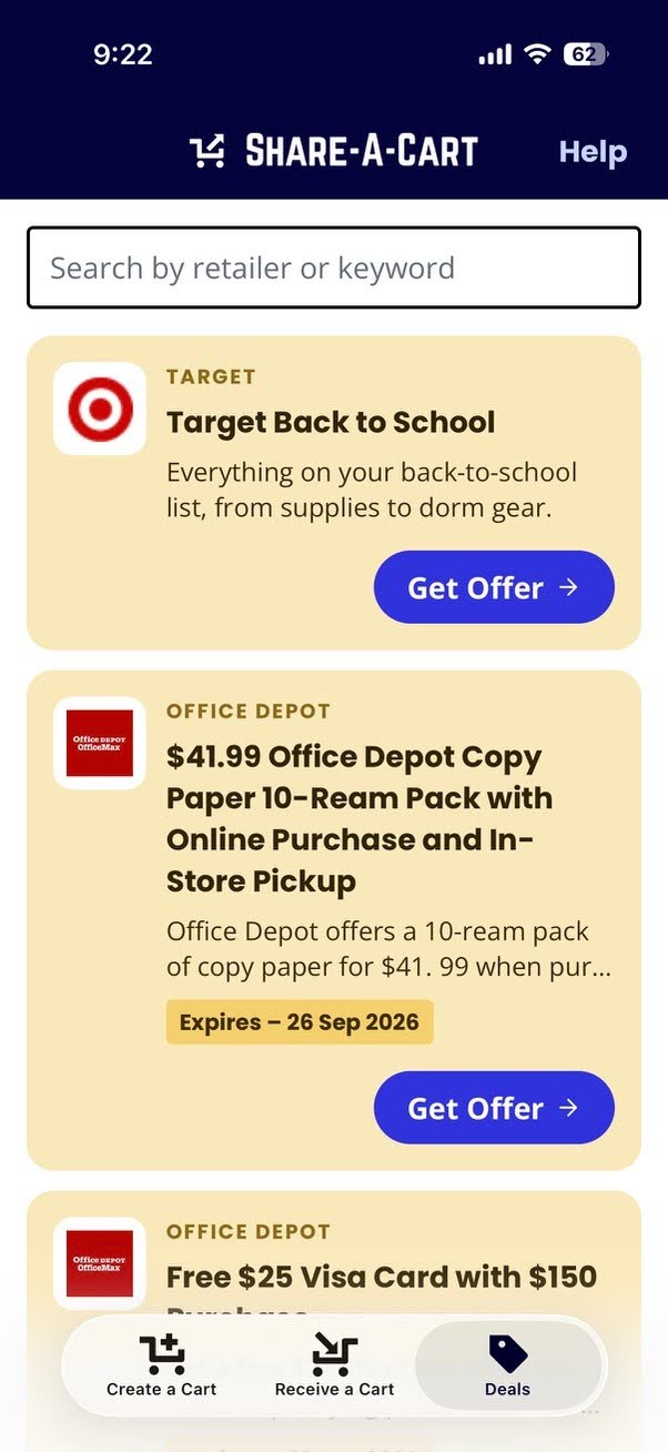 The new Deals tab in the Share-A-Cart app listing offers from Target and Office Depot with expiry dates and Get Offer buttons