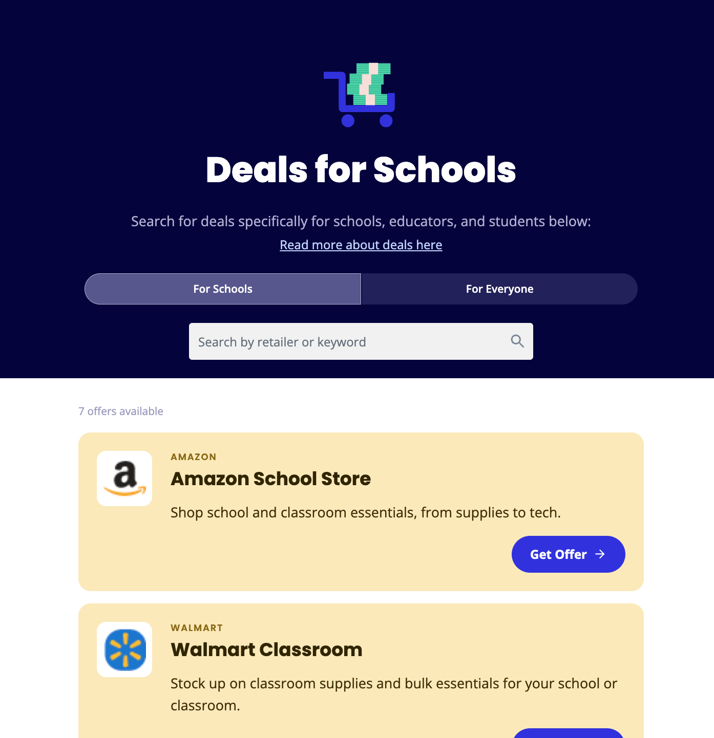 The For Schools tab in the Share-A-Cart Deals experience showing educator deals
