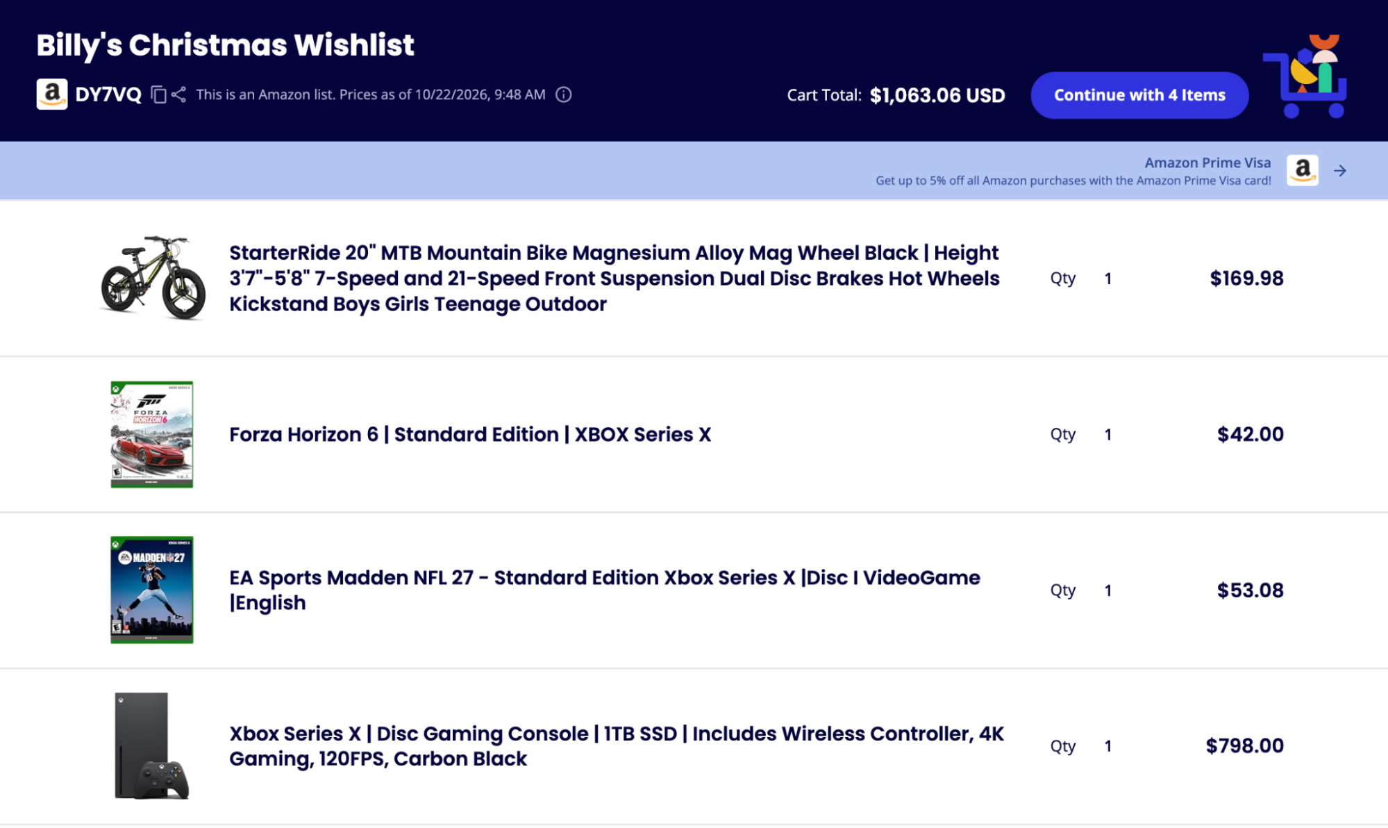 Billy&rsquo;s Christmas Wishlist, an example Amazon cart shared with Share-A-Cart as DY7VQ, with a kids&rsquo; mountain bike, Forza Horizon 6, Madden NFL 27, and an Xbox Series X console