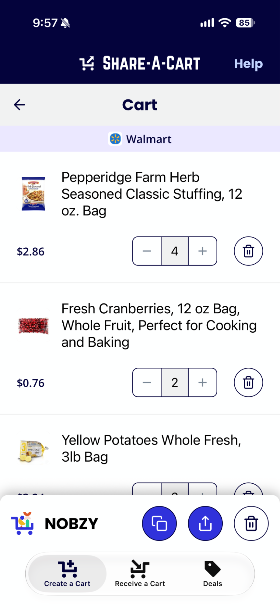 A Walmart cart in the Share-A-Cart mobile app with herb seasoned stuffing, fresh cranberries, and yellow potatoes for Thanksgiving dinner, ready to copy or share