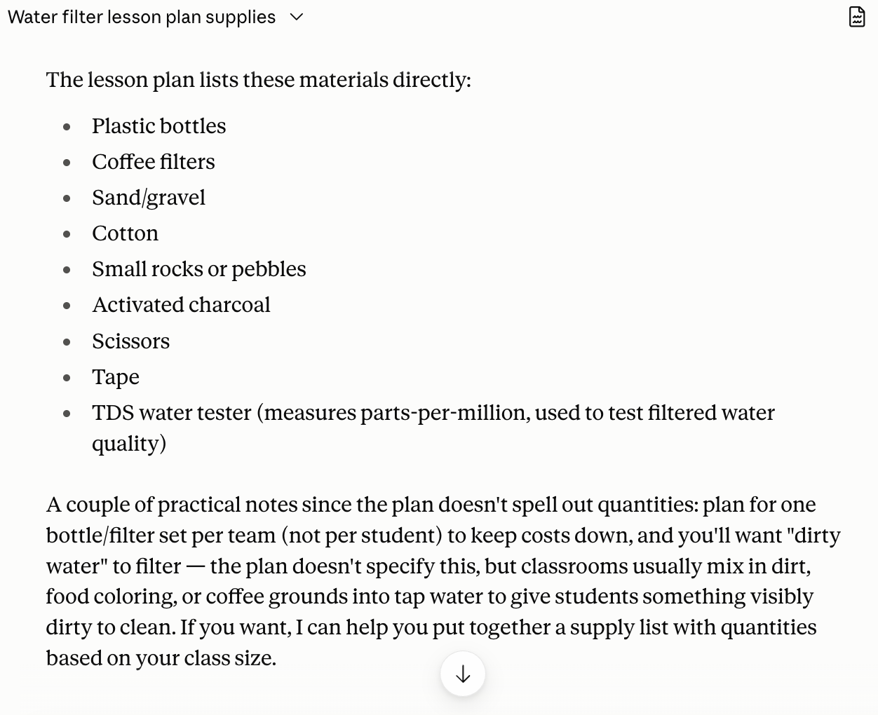 Claude listing the materials from a Grade 3-5 water filtration lesson plan, with practical notes on planning one bottle and filter set per team and mixing up dirty water to filter