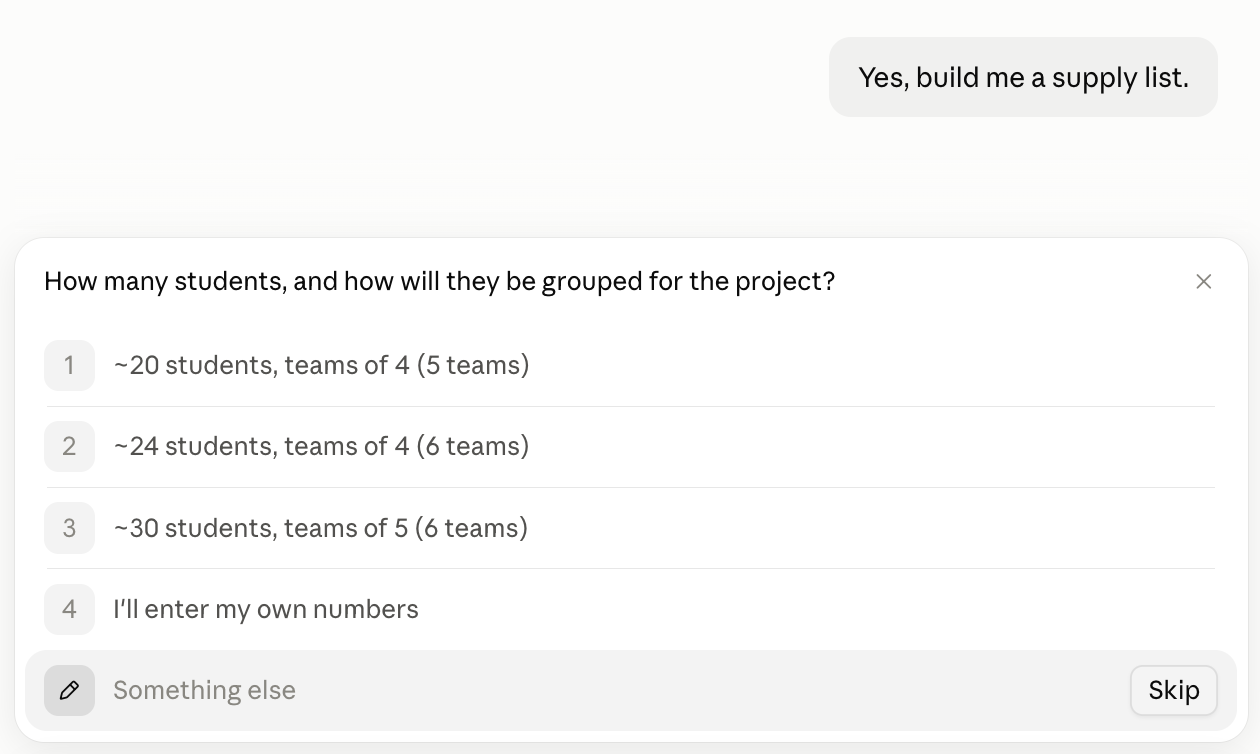 Claude asking how many students there are and how they will be grouped for the project, offering team-size options to choose from