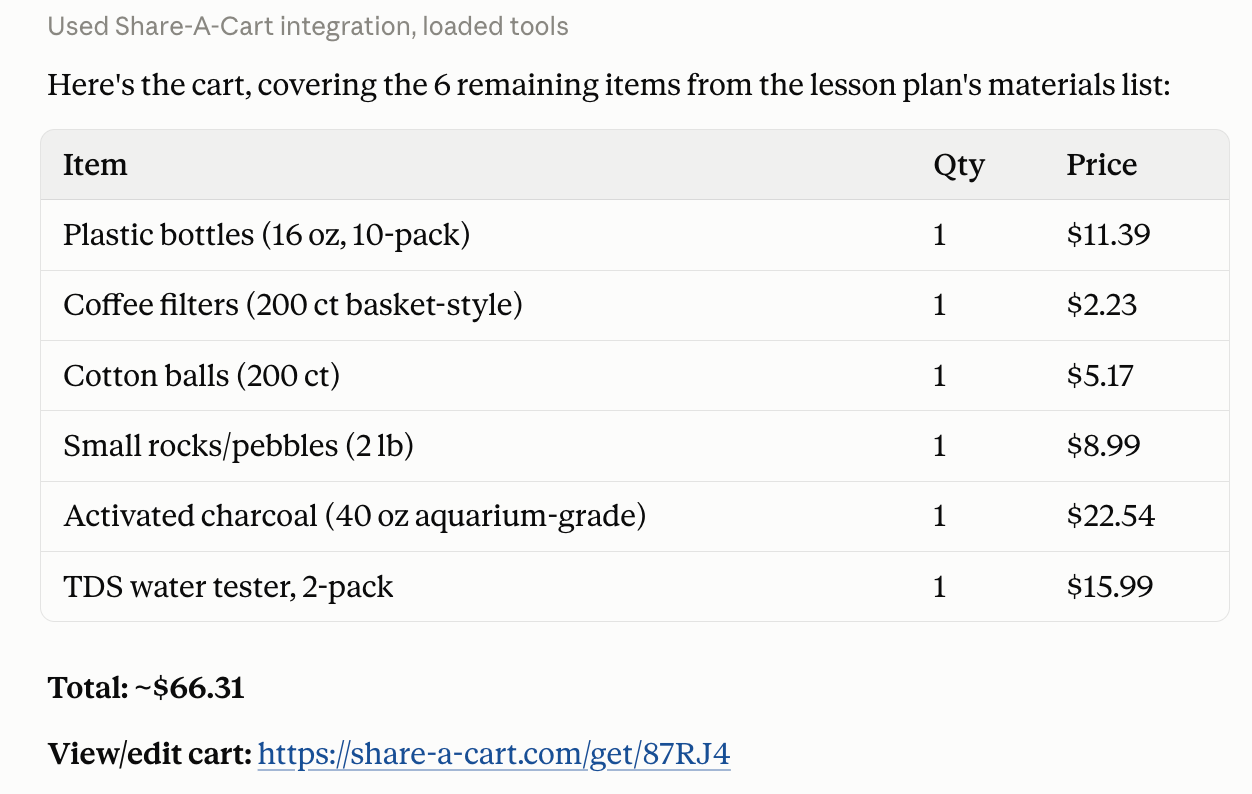 The Share-A-Cart connector returning a table of the six remaining lesson plan items with quantities and prices, a cart total, and a link to view or edit the cart