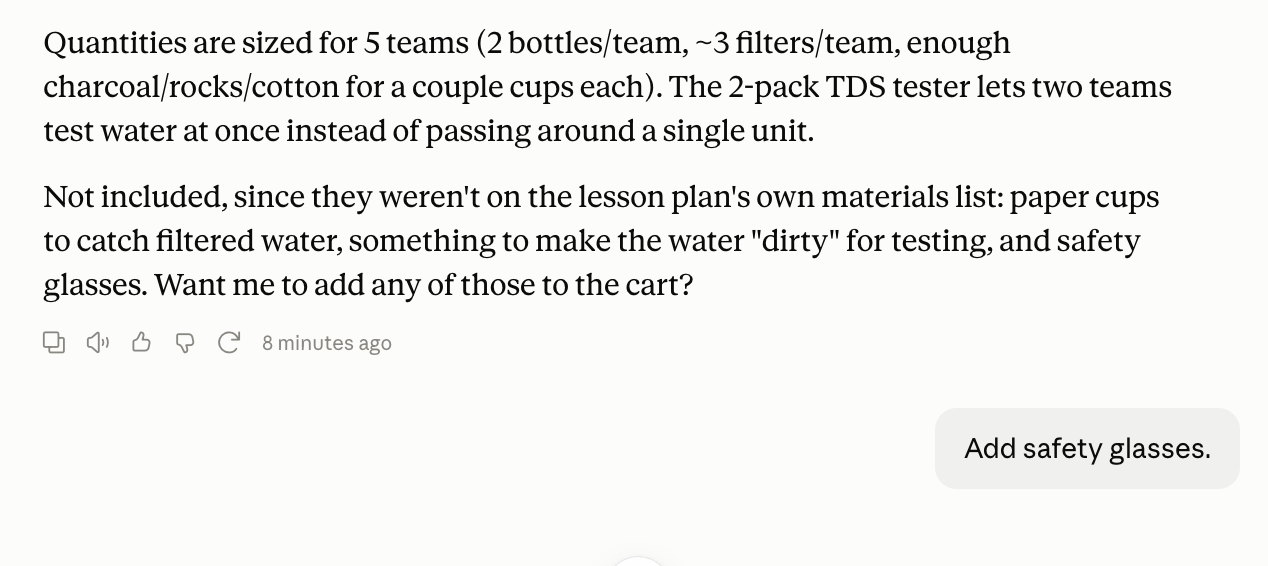 Claude explaining that quantities are sized for five teams and offering to add paper cups, something to make the water dirty, and safety glasses
