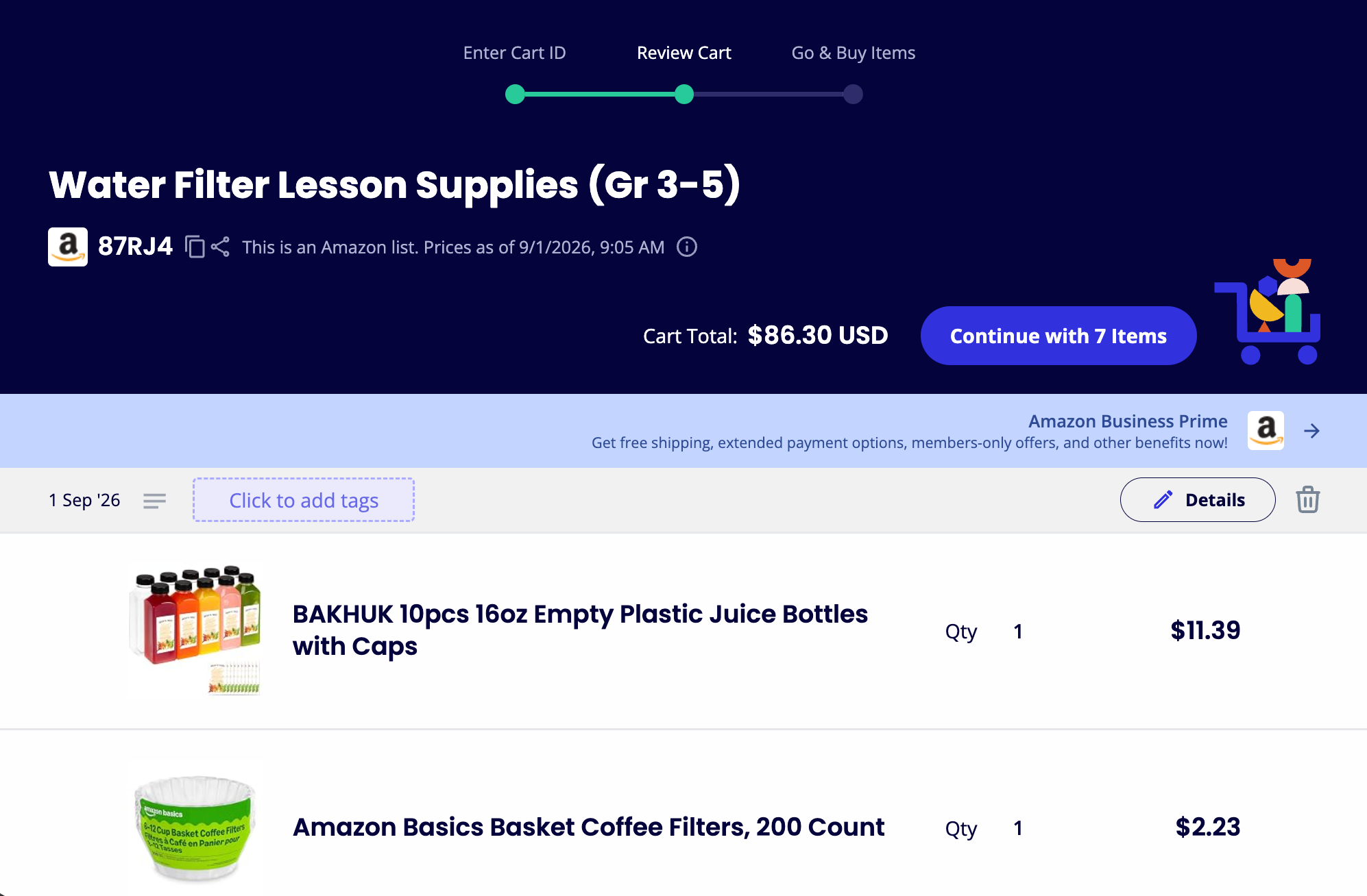 The Share-A-Cart cart page for “Water Filter Lesson Supplies (Gr 3-5)” showing the Amazon items, quantities, prices, and cart total, ready to hand off