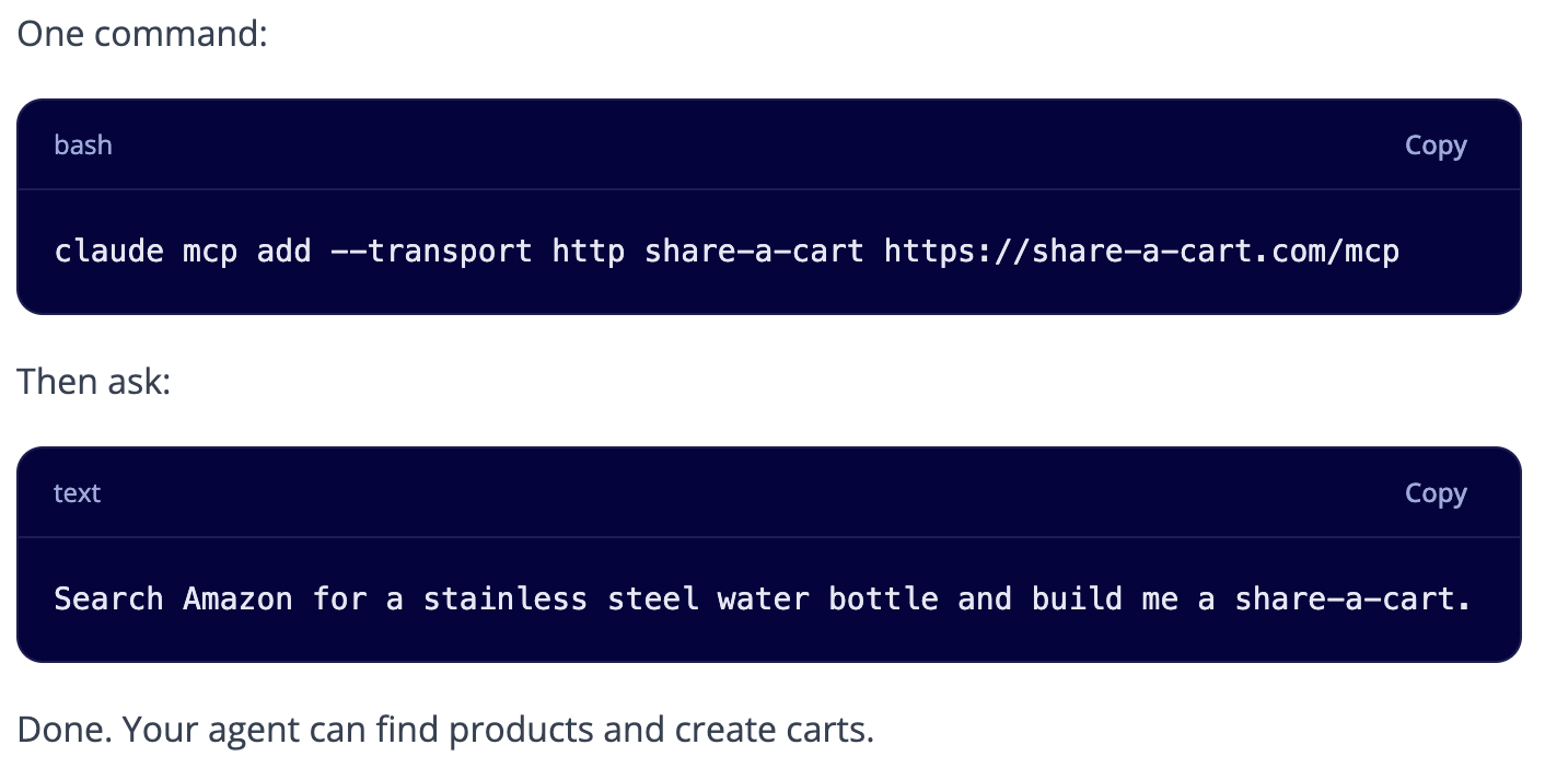 Terminal command to add the Share-A-Cart MCP server, followed by a sample prompt to search Amazon and build a cart
