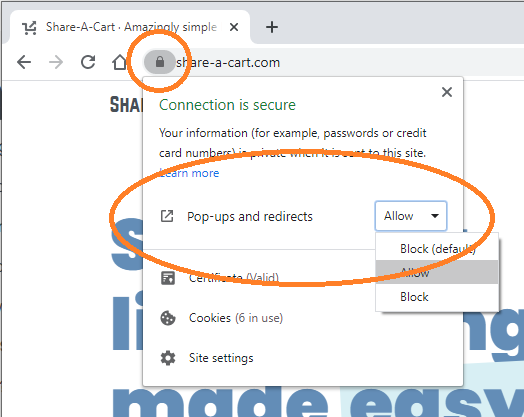 Enabling pop-up example for Share-A-Cart website